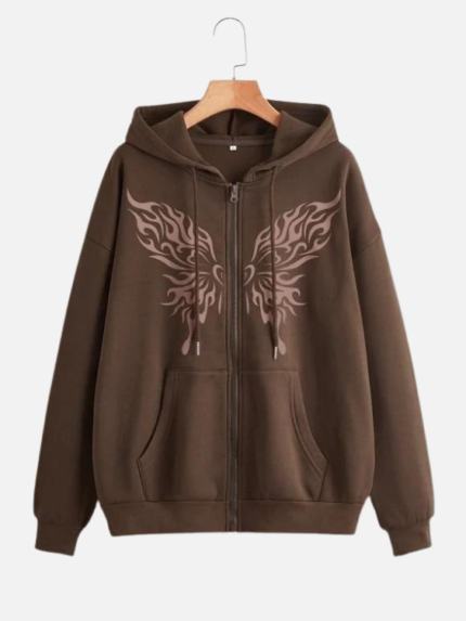 Butterfly Print Zipper Thermal Hoodie