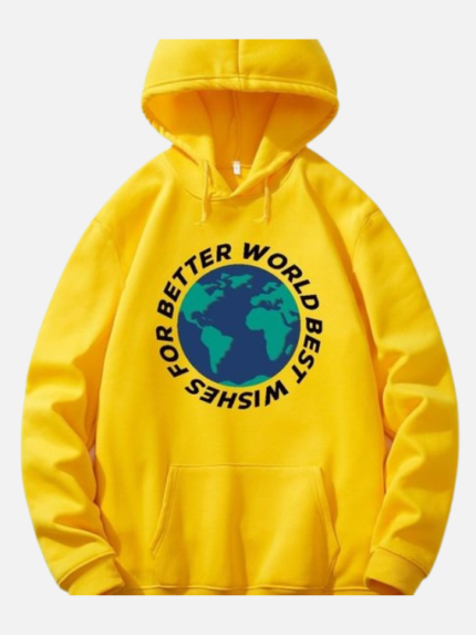 Globe Pattern Warm Fleece Hoodie With Kangaroo Pocket,